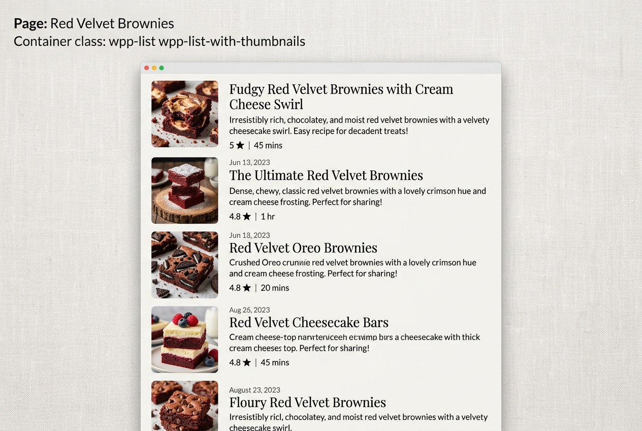 Page: Red Velvet Brownies. Container class: wpp-list wpp-list-with-thumbnails